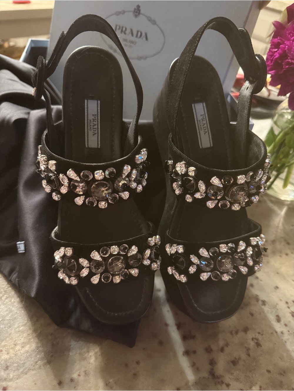 Prada Black Jeweled Slingback Sandals